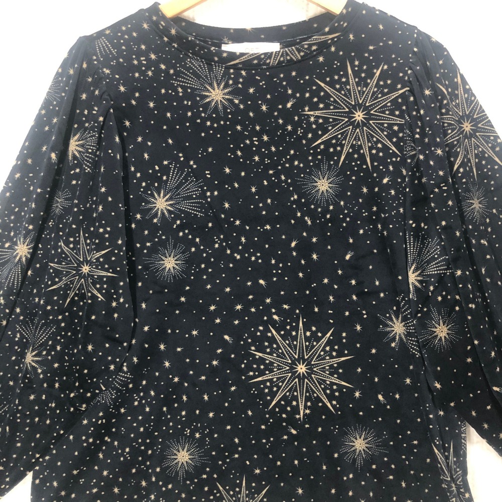Loft Womens Celestial Starburst‎ Puff Sleeve Velvet Top Navy Gold Large NWT